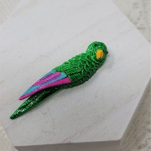Vintage Green Parrot Metal Brooch Pin Bird